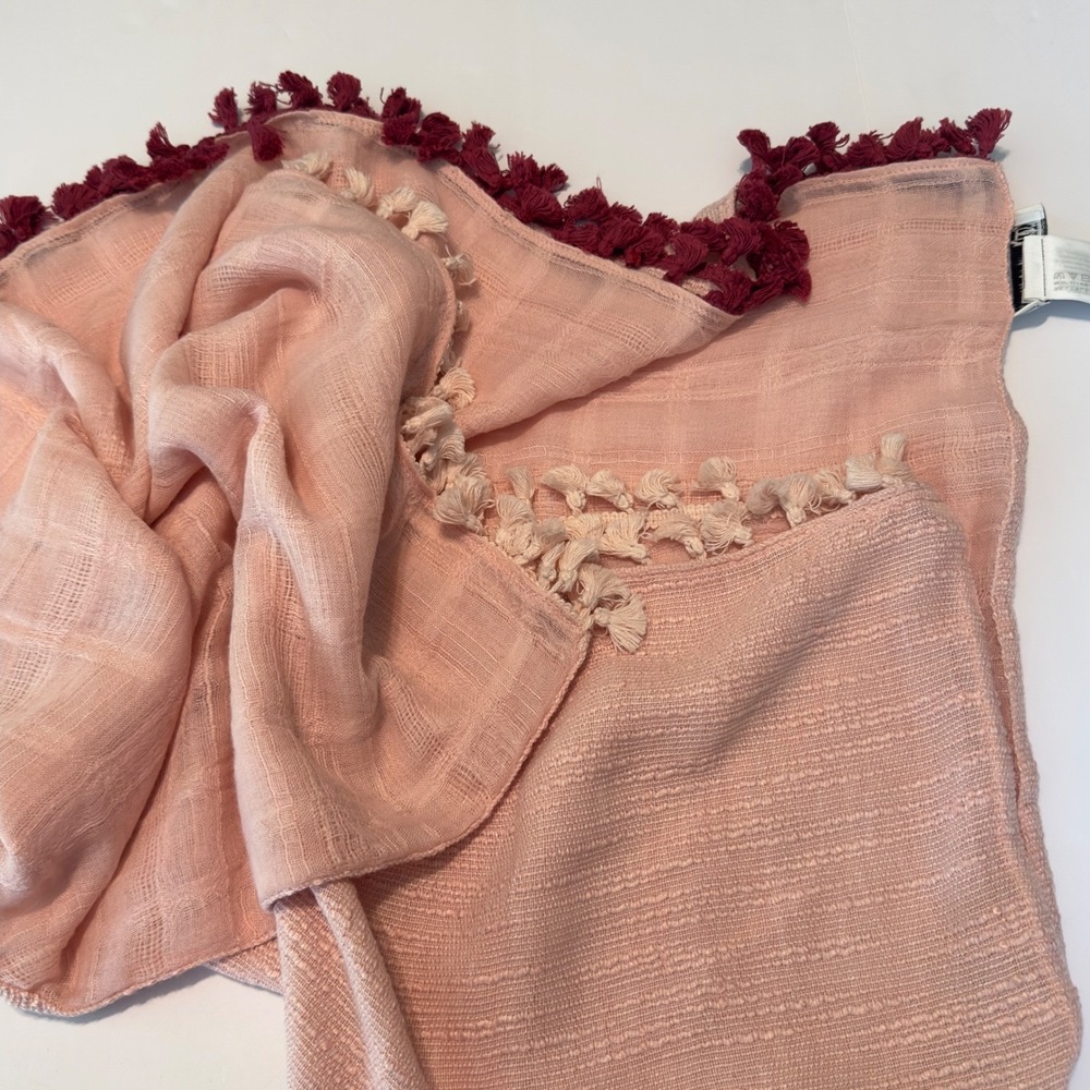 Abercrombie & Fitch Blush Pink Tassel Scarf Textured Gauze Burgundy Cream 27x35"